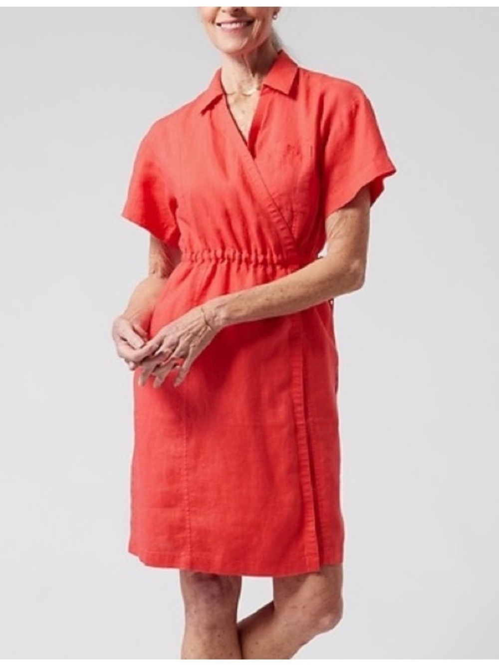 Athleta Linen Playa Wrap Dress, passion fruit coral pink